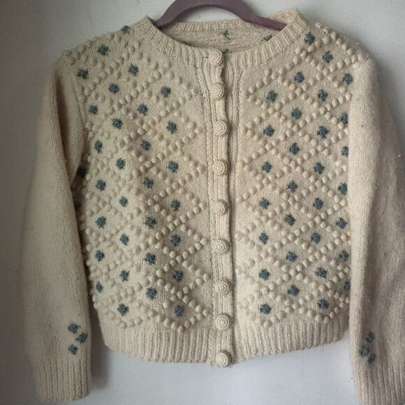 Vintage 40s 50s Wool Popcorn Knit Cardigan Sweater Cropped S Blue Floral Buttons - Picture 4 of 16